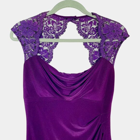 XSCAPE by Joanna Chen Lace Satin Draped Dress Plum Purple Formal Ruched Size 8 - Picture 14 of 16
